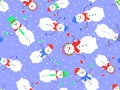 Snowmen seamless pattern. Snowmen dressed in hats, scarves, mittens, ties, headphones. Snowman made of three snow balls. Xmas