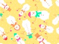 Snowmen seamless pattern. Snowmen dressed in hats, scarves, mittens and ties. Snowman made of three snow balls. Xmas design for