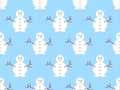 Snowmen seamless pattern. Winter background with a snowman with a carrot for a nose and a branch for hands. Xmas design for