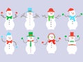 Snowmen set isolated on white background. Snowmen dressed in hats, scarves, mittens, ties, headphones and bow tie for suit.
