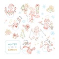 Vector set of cute outlined snowmen. Royalty Free Stock Photo