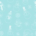 snowmen and snowflakes seamless pattern hand drawn doodle. vector, scandinavian, nordic, minimalism, monochrome Royalty Free Stock Photo