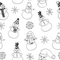 snowmen and snowflakes seamless pattern hand drawn doodle. vector, scandinavian, nordic, minimalism, monochrome Royalty Free Stock Photo