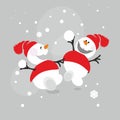 Snowmen throw snowballs and enjoy winter and gifts.