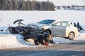 Snowmobile accident, skidoo overturn on snow Royalty Free Stock Photo