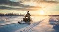 Snowmobile Adventure On A Snowy Trail At Sunset