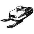 Snowmobile in black isolated on white background. Detailed vintage etching style drawing.