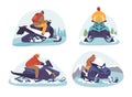 Snowmobile Drivers Set. Fearless Thrill-seekers Skillfully Navigate Icy Terrain, Racing Through Snow-covered Landscapes