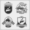 Snowmobile emblems, labels, badges and design elements. Snowmobile Freestyle. Print design for t-shirt and sport club emblems.