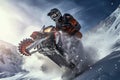Snowmobile rider in high mountains. Extreme snowmobiling sport, Extreme rider jumping with a snowmobile on the snow, face covered