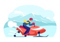 Snowmobile Rider Wearing Helmet Riding Fast by Snowdrifts with Fun During Extreme Sport Adventure Tour