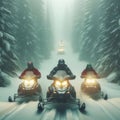 Snow mobile races through snow covered landscape