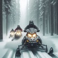 Snow mobile races through snow covered landscape