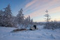 Snowmobile with sleigh in the forest near the village Oymyakon - Pole of Cold