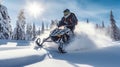 A snowmobiler races along a trail, surrounded by snow-covered trees