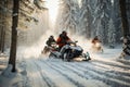 Snowmobilers navigating through a snowy forest, showcasing the excitement of winter sports. Generative Ai