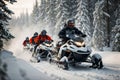 Snowmobilers navigating through a snowy forest, showcasing the excitement of winter sports. Generative Ai