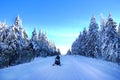 Snowmobiling on Snowy Mountain Road with Snow Covered Pine Trees Royalty Free Stock Photo