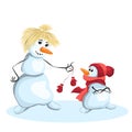 Funny snowmen family in winter