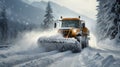 A snowplow clearing a mountain road during a heavy snowstorm, showcasing the power and efficiency of the vehicle against a Royalty Free Stock Photo