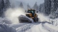 A snowplow clearing a mountain road during a heavy snowstorm, showcasing the power and efficiency of the vehicle against a Royalty Free Stock Photo