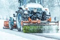 Snowplow close up cleaning street of snow Royalty Free Stock Photo