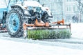 Snowplow close up cleaning street of snow Royalty Free Stock Photo