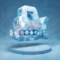 Snowplow icon. Cracked blue Ice Snowplow symbol on blue snow podium