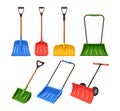 Snowplow Shovels Set, Sturdy, Efficient Tools Designed To Conquer Winter White Blanket, Cartoon Vector Illustration