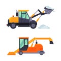 Snowplow tractors set. Professional industrial transport for road cleaning vector illustration Royalty Free Stock Photo