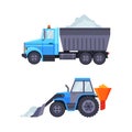 Snowplow truck and tractor set. Professional industrial transport for road cleaning vector illustration Royalty Free Stock Photo