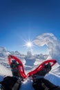 Snowshoe against winter forest with blue sky