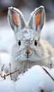 This close-up of the snowshoe hare is perfectly camouflaged in the winter coat adaptation of Alaskan wildlife