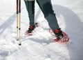 Snowshoeing in the mountains on the white soft snow Royalty Free Stock Photo