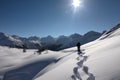 snowshoeing trek with panoramic views of snowy mountains and blue sky