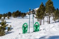 Snowshoeing on winter trail in Incredible sunny day in winter in the Pyrenees in Andorra.