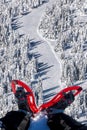 Red snowshoes against winter forest with ski slope