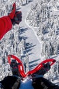 Red snowshoes against winter forest with ski slope