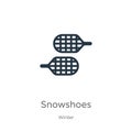 Snowshoes icon. Thin linear snowshoes outline icon isolated on white background from winter collection. Line vector snowshoes sign