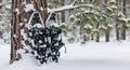 Snowshoes leaning against a snow-covered pine tree in a winter forest Royalty Free Stock Photo