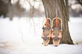 snowshoes propped against tree