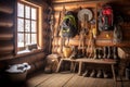 snowshoes and winter gear leaning against cabin wall