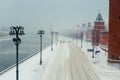 Snowstorm in the city of Moscow, the road near the walls of the Kremlin, view of the winter city Royalty Free Stock Photo