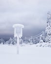 After snowstorm in the forest, snowy sign and ETL