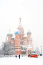 Snowstorm in Moscow. Red Square and Saint Basils Church. Royalty Free Stock Photo