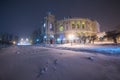 Snowstorm in the night city. Opera and Ballet Theatre. Odessa. Ukraine. Royalty Free Stock Photo