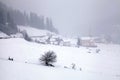 snowstorm over mountains and alpin village in winter, Alps, Switzerland