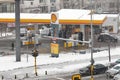 Snowstorm on the street with Shell gas station. Sofia, Bulgaria. Royalty Free Stock Photo