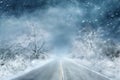 a snowstorm in winter road, snow-covered, dramatic landscape, safety concept on a slippery road