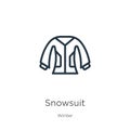 Snowsuit icon. Thin linear snowsuit outline icon isolated on white background from winter collection. Line vector sign, symbol for